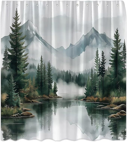 Green Misty Forest Shower Curtain Mountain Foggy Pine Trees Landscape Watercolor Jungle Plant Rustic Nature Scenery Lake Fabric Bathroom Curtain Set with Hook