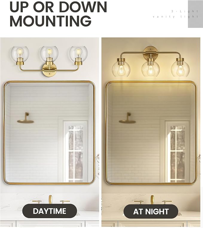 zeyu 3-Light Modern Vanity Light Fixture, 23 Inch Bathroom Light Fixtures Wall Mount with Clear Glass Globe Shade, Brushed Gold Finish, ZS62BG-3W BG