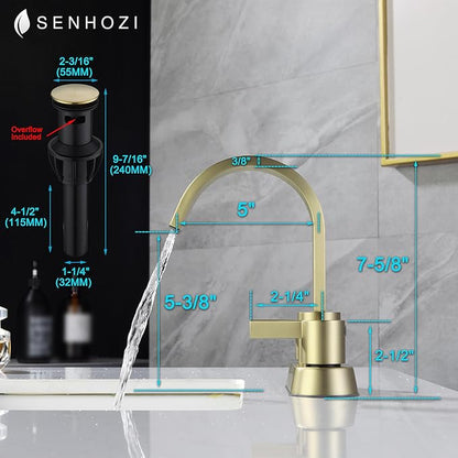 Bathroom Sink Faucet 3 Hole Brushed Gold, 2 Handle 4 Inch Centerset Stainless Steel Bathroom Faucet with Pop up Drain and 2 Supply Lines, SE-0048-BG