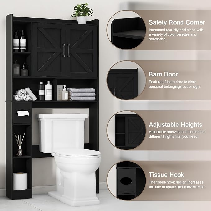 Vabches Over The Toilet Storage Cabinet with 2 Barn Doors, Black | Farmhouse Storage Cabinet with Toilet Paper Holder Stand，Home Space-Saving Toilet Rack, for Bathroom, Restroom, Laundry
