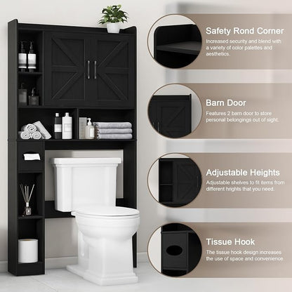 Vabches Over The Toilet Storage Cabinet with 2 Barn Doors, Black | Farmhouse Storage Cabinet with Toilet Paper Holder Stand，Home Space-Saving Toilet Rack, for Bathroom, Restroom, Laundry