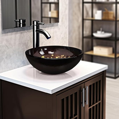 Vessel Sink 12" Bathroom Sinks Tempered Glass Brown Art Basin Round Bowl with Faucet Combo, Brown