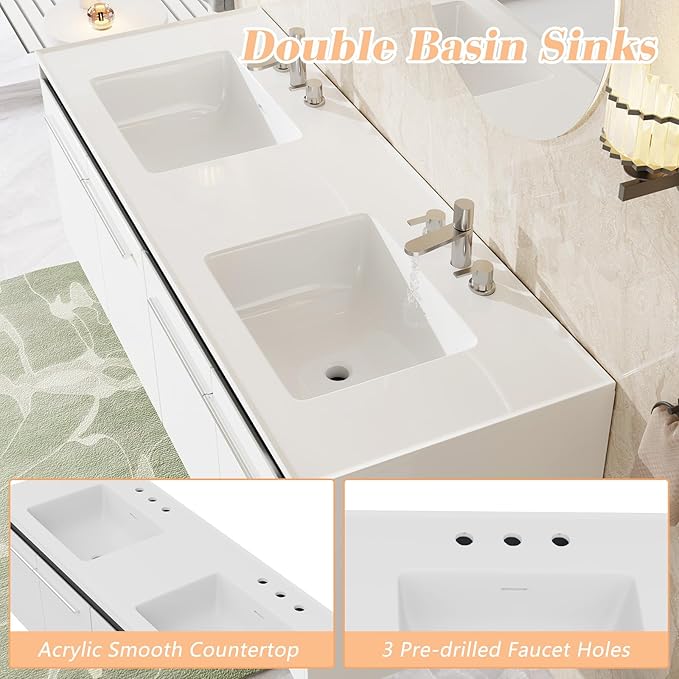 AMERLIFE 60" LED Floating Bathroom Double Vanity with Sink, Modern High Gloss Wall Mounted Bathroom Storage Cabinet with 3 Hole Sink, Metal Handles & Soft Closing Doors, White