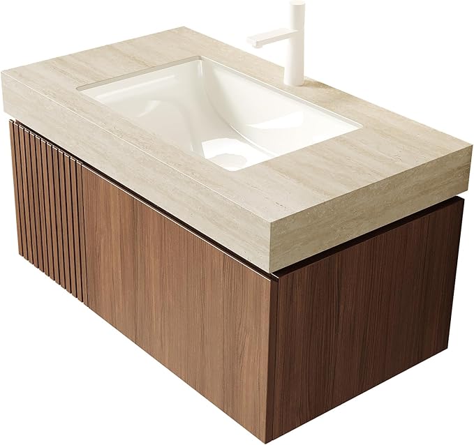 KEIKI 36 Inch Floating Bathroom Vanity with Sink, Modern Wall Mounted Storage Cabinet with Drawer, Pre-assembled Waterproof Wood Panels, Sintered Stone Top & Ceramic Basin Combo Set, Brown Oak & Beige