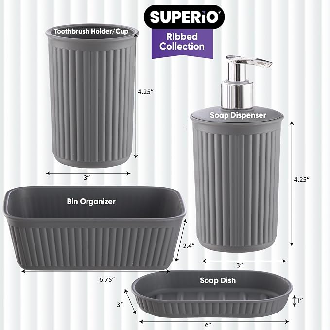 Superio Ribbed Collection - Decorative Plastic Bathroom Accessories Set, Grey (Set of 4) Soap Dish Liquid Dispenser, Toothbrush Holder Cup, Vanity Organizer Tray - Bath Accessory Countertop Decor Gift