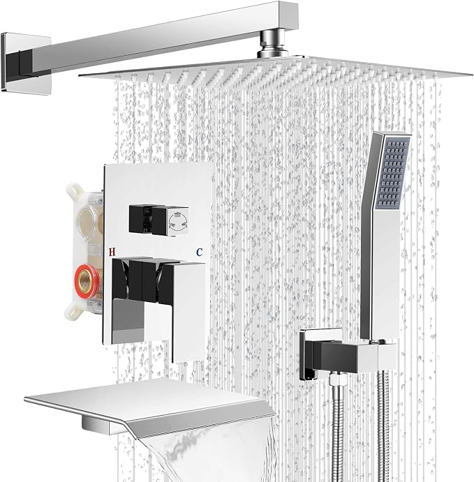 10" Rain Shower Faucet Set with Tub Spout, Chrome | Anti-scald cartridge, air tech boosts pressure 50%, 3-func diverter, NPT 1/2