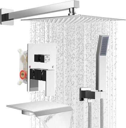 10" Rain Shower Faucet Set with Tub Spout, Chrome | Anti-scald cartridge, air tech boosts pressure 50%, 3-func diverter, NPT 1/2