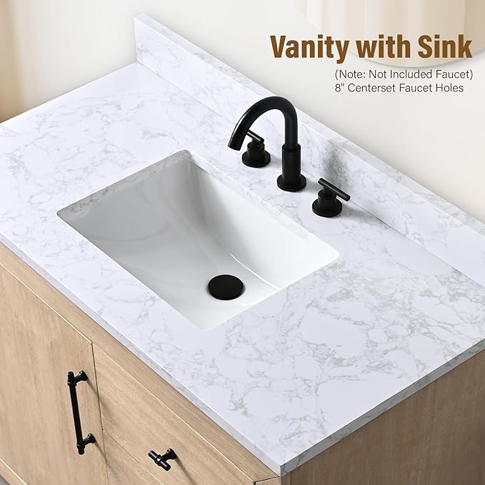 HOMEBEYOND 42 Inch Bathroom Vanity with Single Sink & Ceramic Top, MDF Material Vanity Cabinet with Basin Combo, Soft-Closing Doors, Removable Shelf, Backsplash