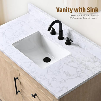 HOMEBEYOND 42 Inch Bathroom Vanity with Single Sink & Ceramic Top, MDF Material Vanity Cabinet with Basin Combo, Soft-Closing Doors, Removable Shelf, Backsplash