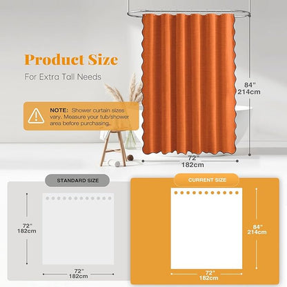 BTTN 84 Inch Shower Curtain, Extra Long Scalloped Boho Linen Textured Cloth Shower Curtain Set with Plastic Hooks, Tall Rustic Modern Waterproof Fabric Shower Curtain for Bathroom, 72x84, Burnt Orange