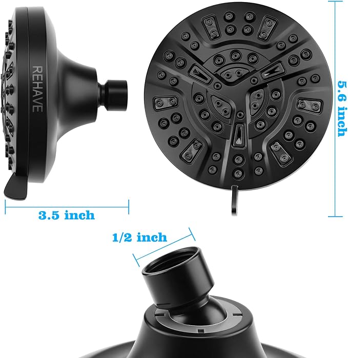 Shower Head, REHAVE Rainfall ShowerHead, 5.1 Inches High-Pressure with 63 Jets 8 Spray Modes - Replacement for Bathroom Shower Heads - Anti-Clogging Silicone Nozzles, Brass Angle-adjustable Ball Joint