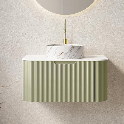 30'' Bathroom Vanities Cabinet with Sink Combo, Wall Mounted Floating Cabinet W/Curved Edges Stripes, Oak Plywood, Soft-close System with a Drawer, White Round Ceramic Basin - Kiel, Light Green/S