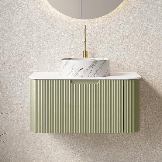 30'' Bathroom Vanities Cabinet with Sink Combo, Wall Mounted Floating Cabinet W/Curved Edges Stripes, Oak Plywood, Soft-close System with a Drawer, White Round Ceramic Basin - Kiel, Light Green/S