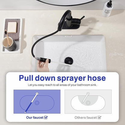 Bathroom Faucet with Sprayer, Matte Black Single Hole with Pop-Up Drain | Kablle Single Handle Pull Out 1 or 3 Hole Laundry Bar Basin Faucet with Deck Plate, KBL-7002B-CL