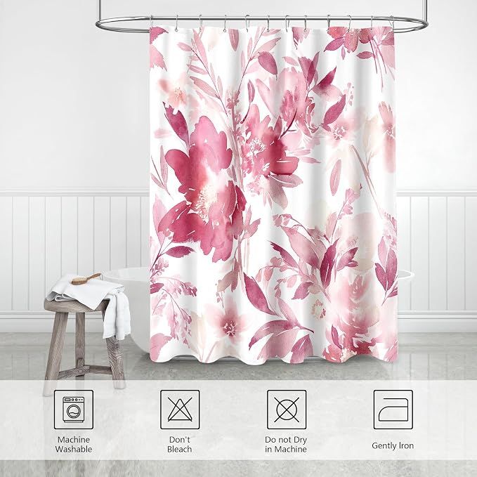 MAYZUS Long Shower Curtain 72x78 Inch, Tall Watercolor Pink Floral Decor | Hot Pink Modern Abstract Flower Bathroom Fabric Shower Curtain Set with Hooks