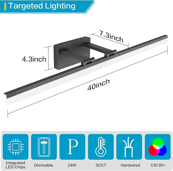 SOLFART Modern Dimmable LED Vanity Light 39.3 inch Black Aluminum Frosted Acrylic for Bathroom Vanity Lighting Fixtures White Light 5500K