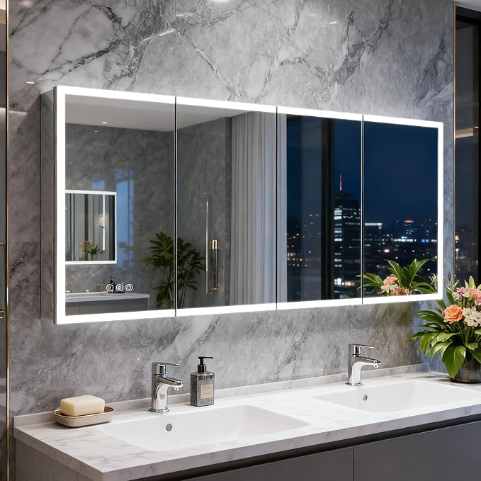 Medicine Cabinet with Lights, Bathroom LED Mirror Cabinet with Storage, Anti-Fog & 3 Color Lights, Recessed or Wall Mounted (72X32 in)