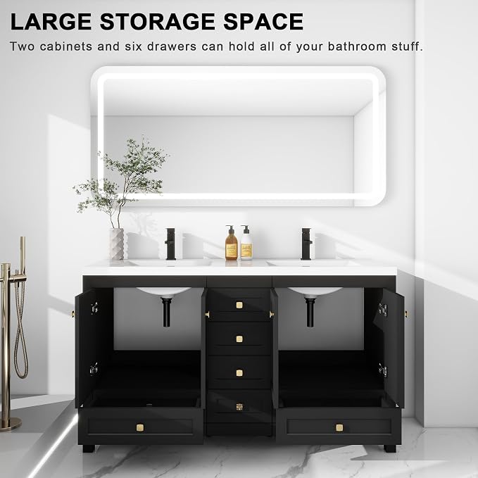 LUCKWIND 60" Bathroom Vanity and Sink Combos, Modern Bathroom Storage Painted Cabinet with Undercounter Resin Dual Sink Top, Matte Black Faucet and 6 Drawers, Mirror Not Included, Black
