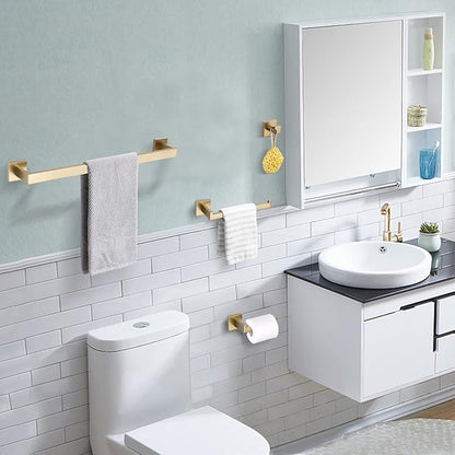 TURS Brushed Gold Bathroom Accessory Set 4-Pieces Bathroom Hardware Set Square Towel Bar Set Stainless Steel Towel Holder Set
