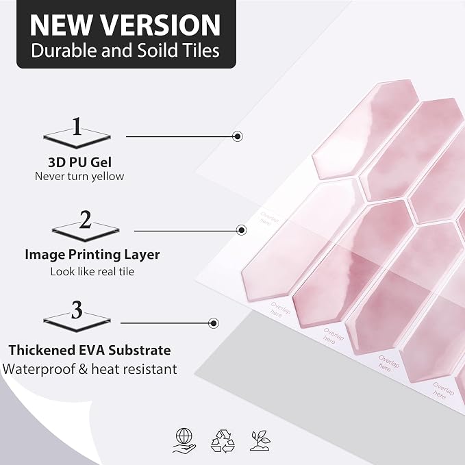 ReWallpaper Pink Peel and Stick Backsplash for Kitchen 12"x12" Waterproof Long Hexagon Tile Removable Marble Look Back Splash Stick on Tiles for Bathroom RV Fireplace Renter Friendly 3-Sheet