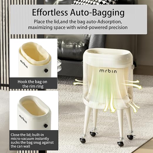 MRBIN Office Trash Can with Lid, Small Bathroom Automatic Adsorption Open Top 3.5 Gal / 13L Touchless Motion Sensor Waste Basket, Slim Decor Garbage Bin for Bedroom, Office, Cream White