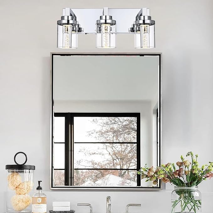 MELUCEE Modern LED Bathroom Vanity Light Bar Chrome, 5CCT Adjustable | Bubble Crystal Vanity Lights Over Mirror 3 Light Bath Wall Light Fixture with Clear Glass Shade, Built-In LED Chips