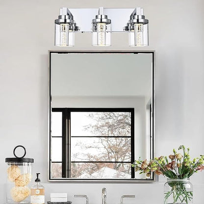 MELUCEE Modern LED Bathroom Vanity Light Bar Chrome, 5CCT Adjustable | Bubble Crystal Vanity Lights Over Mirror 3 Light Bath Wall Light Fixture with Clear Glass Shade, Built-In LED Chips