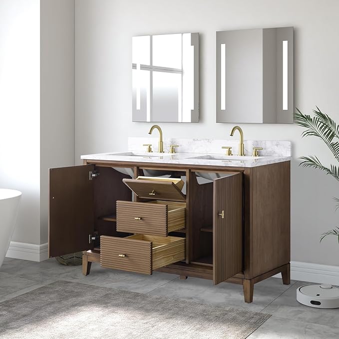 Vanity Art 54" Bathroom Vanity with Double Sink & Arabescato White Engineered Stone Top, Vanity Cabinet with Soft Closing Door, Solid Wood Frame, Golden Brushed Handles, Walnut VA8154D-Walnut-GB