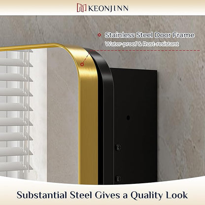 Keonjinn 20 x 26 Inch Gold Recessed Medicine Cabinets, Mirrored Bathroom Medicine Cabinet, Brushed Brass Stainless Steel Framed, Adjustable Shelves, in Wall or Surface Mount, Soft Closing, Modern