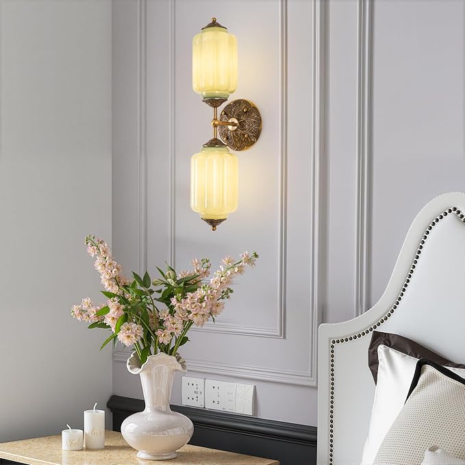 Vintage Milk Glass Bathroom Vanity Light, 2-Light Vintage Wall Sconce with Antique Brass Finish Base & Green Glass Shad, Wall Sconce Lighting for Mirror, Living Room, Gallery (Bulbs Included)