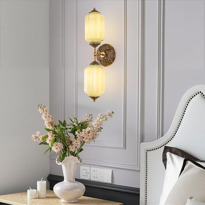 Vintage Milk Glass Bathroom Vanity Light, 2-Light Vintage Wall Sconce with Antique Brass Finish Base & Green Glass Shad, Wall Sconce Lighting for Mirror, Living Room, Gallery (Bulbs Included)