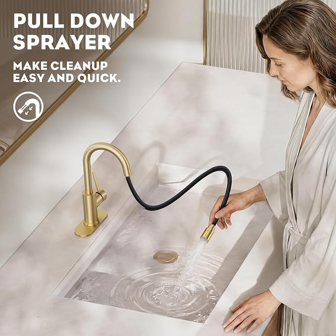 High Arc Pull-Down Bathroom Faucet, Brushed Gold Single Handle with Pull Out Sprayer & Pop-Up Drain, 1 or 3 Hole 2 Model RV Bar Laundry Utility Sink Faucet with Deck Plate, WE08CL-ZY-BG