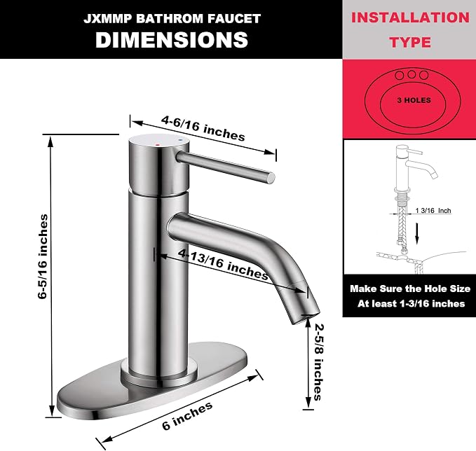 Brushed Nickel Single Hole Bathroom Faucets Single Handle, JXMMP Brushed Bathroom Vanity Sink Faucet with Pop Up Drain Assembly and 6 inch Deck Plate