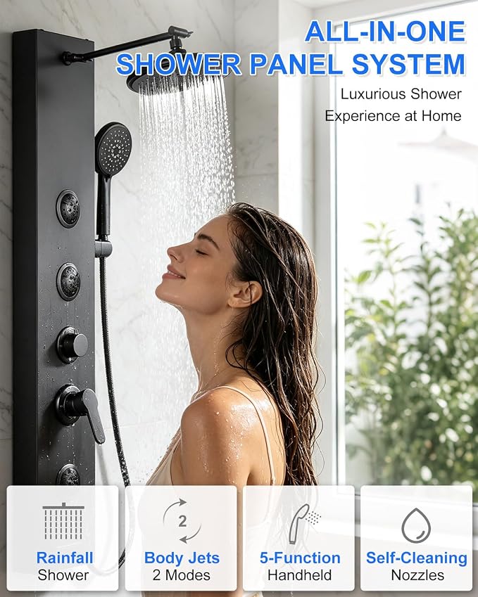 Rainfall Shower Panel Tower - 5 in 1 Full Body Shower, Matte Black | Stainless Steel Shower Column with 2 Powerful Body Jets, Handheld and Tub Spout, Brass Valves, Adjustable Shower Head