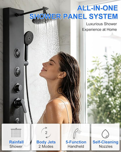 Rainfall Shower Panel Tower - 5 in 1 Full Body Shower, Matte Black | Stainless Steel Shower Column with 2 Powerful Body Jets, Handheld and Tub Spout, Brass Valves, Adjustable Shower Head