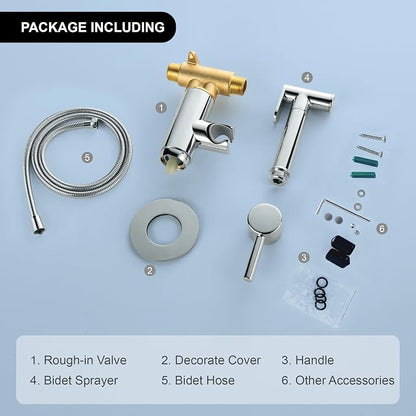 Warm Water Bidet Sprayer for Toilet with Hot and Cold Brass Rough-in Valve, Stainless Steel Round Handheld Bidet Attachment Set for Feminine, Pets and Baby Diaper Wash, Polished Chrome BDS09