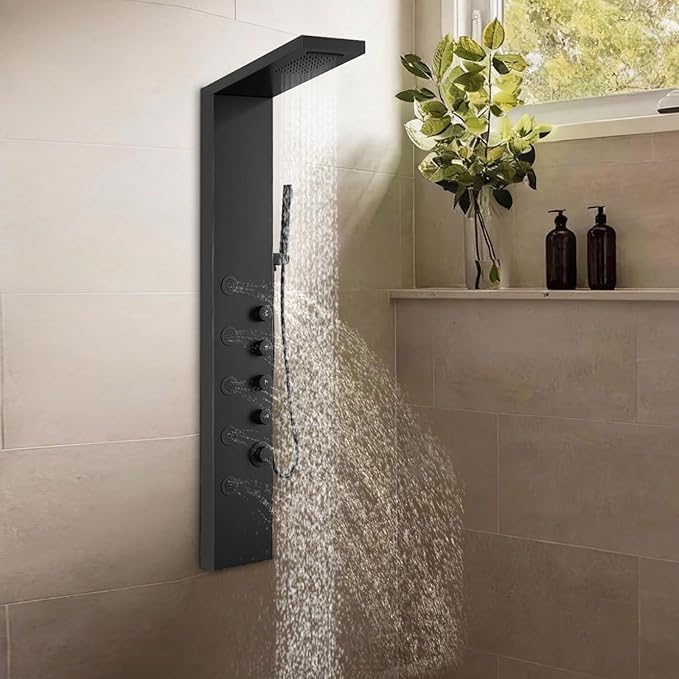 Matte Black Bathroom Shower Tower, 304 Stainless Steel Shower Panel Tower System with Rainfall Shower Head 4 Rain Massage Body Jets for Home Hotel Resort Bathroom Lavatory