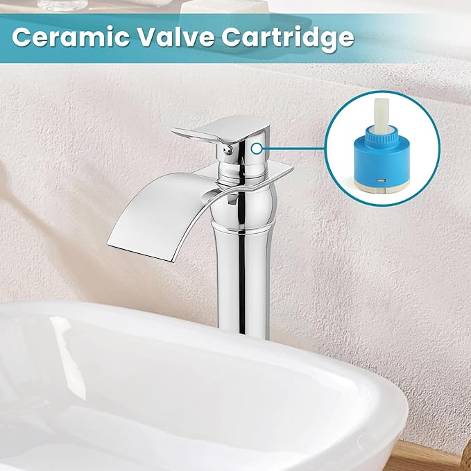 gotonovo Waterfall Vessel Sink Faucet for Sink 1 Hole,Single Handle Tall Bathroom Sink Faucet,Brass Waterfall Bathroom Faucet Arc Body Mixer Tap with Pop Up Drain and Supply Line,Polish Chrome