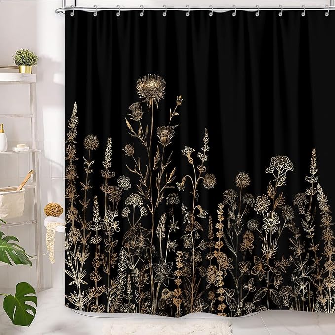 Vintage Black and Gold Boho Shower Curtain, Black and Tan Cream Floral Aesthetic Dark Wildflower Botanical Flowers Shower Curtain for Bathroom with Hook,Farmhouse Plant Art Chic Shower Curtain 72X84