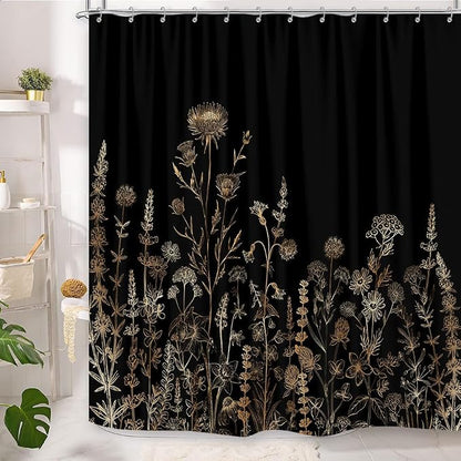 Vintage Black and Gold Boho Shower Curtain, Black and Tan Cream Floral Aesthetic Dark Wildflower Botanical Flowers Shower Curtain for Bathroom with Hook,Farmhouse Plant Art Chic Shower Curtain 72X78