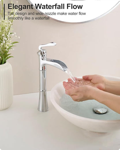 Brass Vessel Faucet, Waterfall Chrome Bathroom Faucet, Single Hole Tall Bathroom Faucets for Vessel Sinks, Single Handle Bathroom Sink Faucets with Pop-Up Drain & Supply Water Hoses, No Leaks