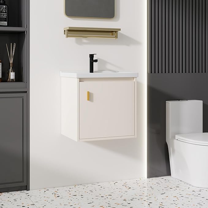 20'' Bathroom Vanity with Ceramic Sink Combo, Wall Mounted Small Bathroom Vanity with Soft-Close Door Modern Floating Cabinet, Pop-up Drain, P-Trap Included, Khaki(No Faucet)