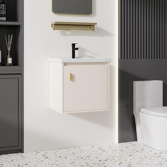 20'' Bathroom Vanity with Ceramic Sink Combo, Wall Mounted Small Bathroom Vanity with Soft-Close Door Modern Floating Cabinet, Pop-up Drain, P-Trap Included, Khaki(No Faucet)
