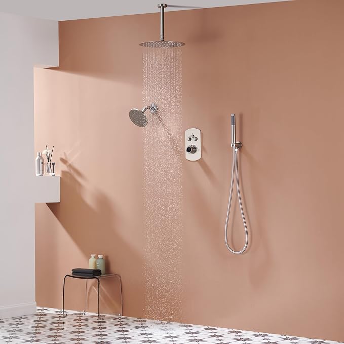 MONDAWE 12 Inch Ceiling Mounted Shower System in Brushed Nickel, 3-Function Shower Faucet Set with Rainfall Dual Shower Head and High Pressure Handheld Spray, All Function Can be Used At the Same Time