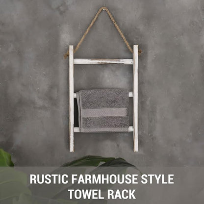 MyGift Rustic Hand Towel Holder, Whitewashed Solid Wood Farmhouse Bathroom Decor, Small Blanket Ladder for Home Decor, Wall Mounted Towel Rack for Shabby Chic Decor | Solid Wood Craftsmanship, Charming Ladder Design, Space Saving Mount, Cozy Cottage Ac...