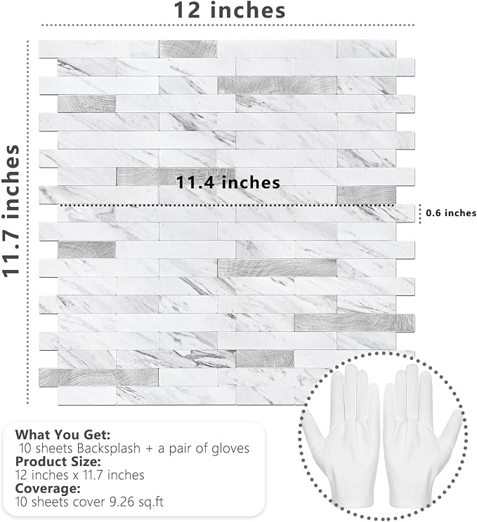 STICKGOO Peel and Stick Backsplash Tile, Stick on Backsplash for Kitchen and Bathroom, Volakas White Look PVC Mixed Metal Silver Self Adhesive Wall Tiles(10 Sheets)