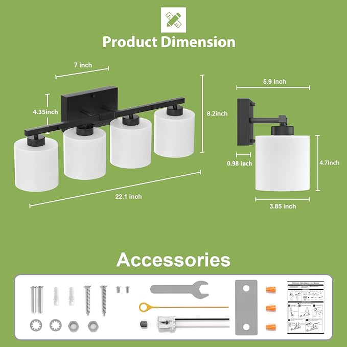 Honesorn 4-Light Vanity Lights, Matte Black Bathroom Light Fixtures | Black Bathroom Vanity Light, Wall Sconces with Milky White Frosted Shades Bedroom,E26 Socket(Bulbs Not Included)