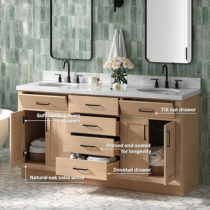ARIEL Hepburn 66-inch Bathroom Vanity with Sink,Solid Wood, 1.5-inch Italian Carrara Marble Countertop & Backsplash, Double Oval Porcelain Sink, 4 Soft Closing Doors, 6 Dovetail Drawers, White Oak