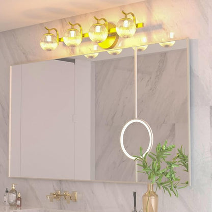 Lightdot Upgrade 4 Light Bathroom Vanity Light, 26" Modern Gold Vanity Lights with Waterproof Crystal Ribbed Lampshade, Rust-Proof Bathroom Light Fixtures Over Mirror for Kitchen Hallway Cabinet