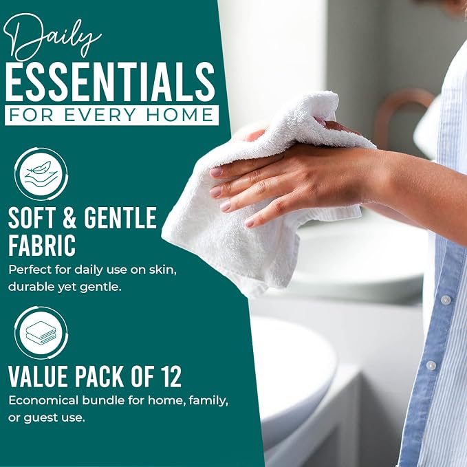 DAN RIVER 12 Pack Cotton Wash Cloths Set for Showering [12x12] Teal | Lighter Weight, Quick to Dry, Super Soft & Absorbent Face Towels, Hotel Quality, Perfect for Bathroom, Gym, Spa